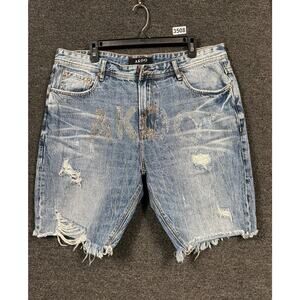 Akoo Brand Jean Bermuda Shorts Mens Size 38 Blue Light Wash Destructed Denim